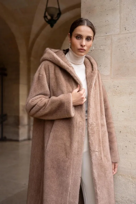 Long Hooded Synthetic Fur Coat Camel