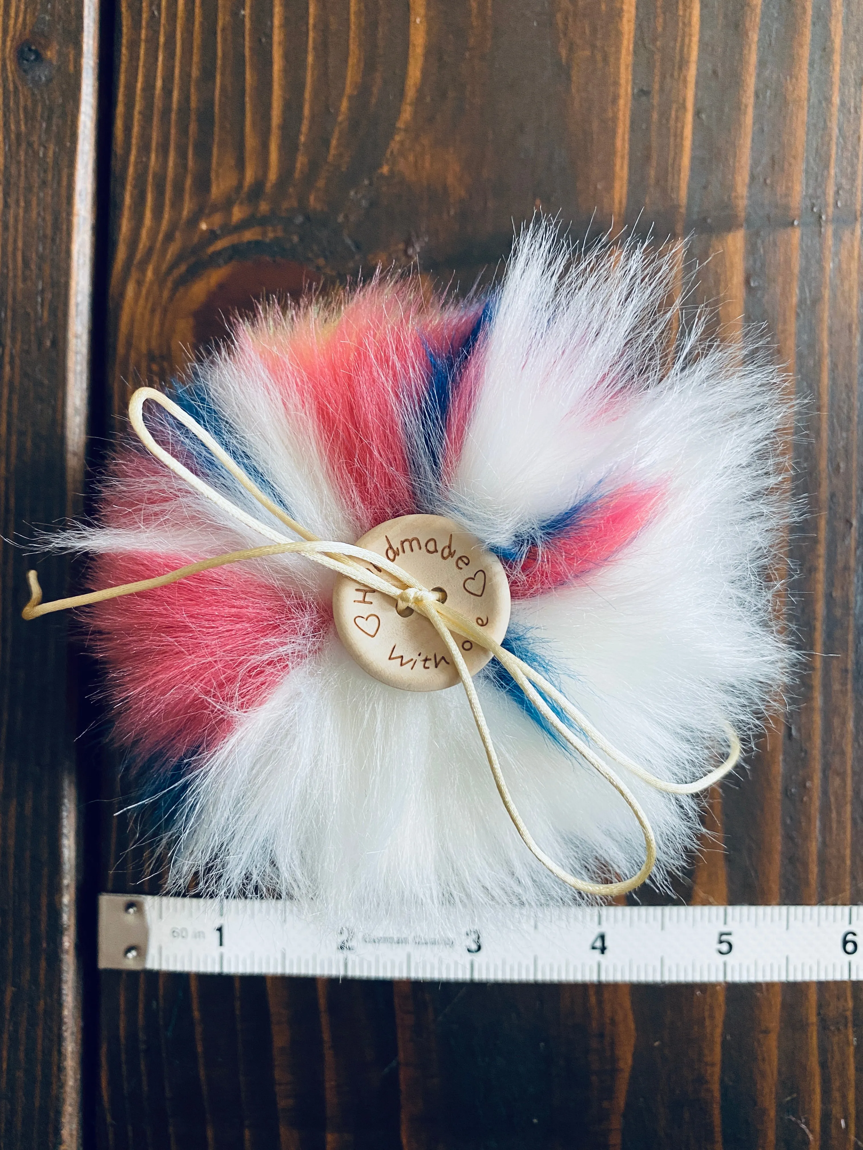 MADE TO ORDER Fun and funky leopard skin print yellow blue white pink faux fur pom pom with wooden button