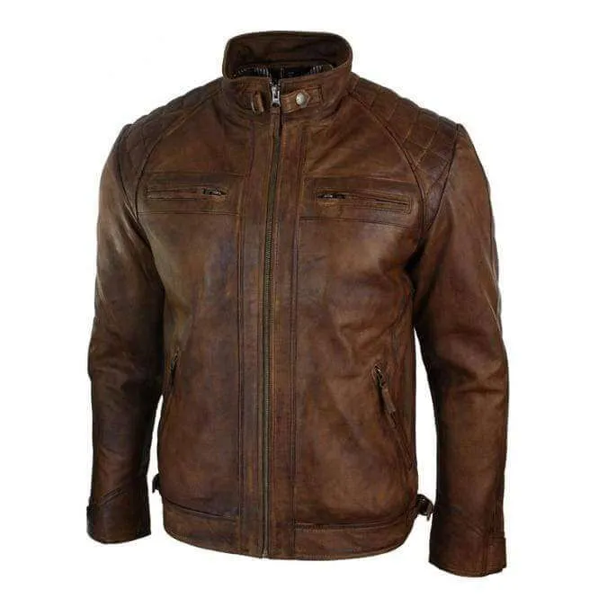 Men Antique Brown Leather Jacket, Men's Brown Biker Leather Jacket