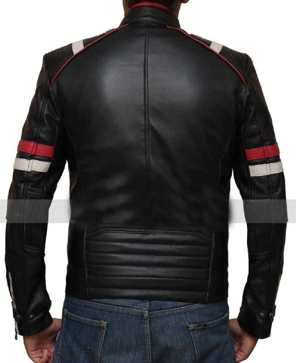 Men Genuine Lambskin Black Leather Red White Stripped Jacket Slim fit Biker Motorcycle Design jacket