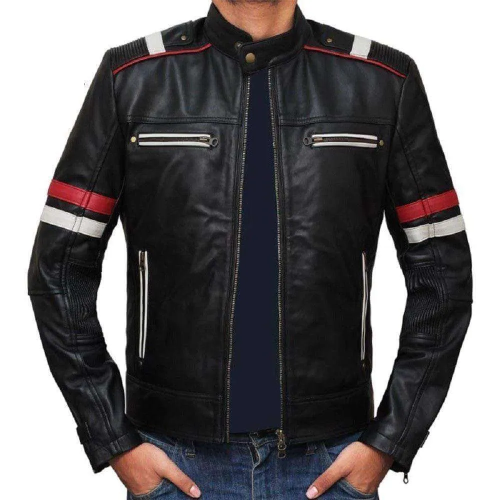 Men Genuine Lambskin Black Leather Red White Stripped Jacket Slim fit Biker Motorcycle Design jacket