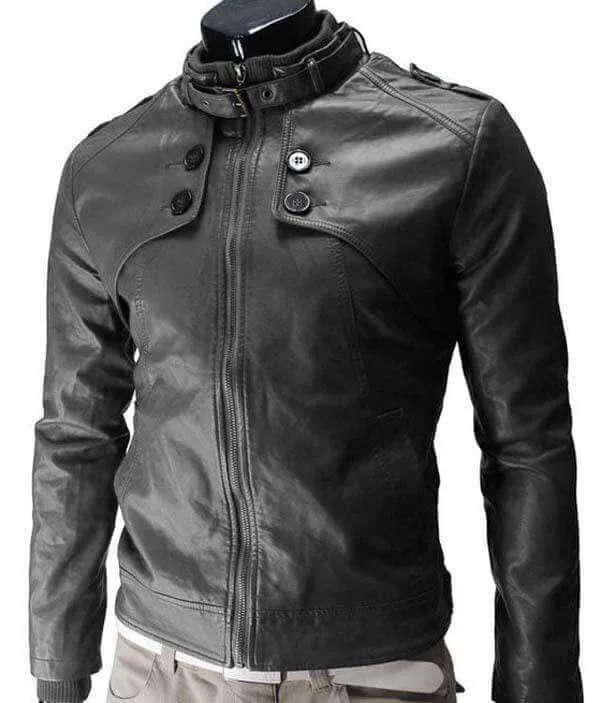 Men slim fit Leather Jacket, Mens Leather jacket, Black Button Zipper Jacket