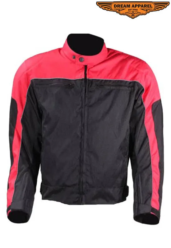 Mens Black and Red Mesh and Nylon Motorcycle Jacket