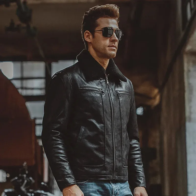 Men's Black Leather Jacket with Fur Collar