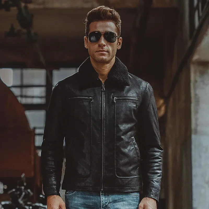 Men's Black Leather Jacket with Fur Collar