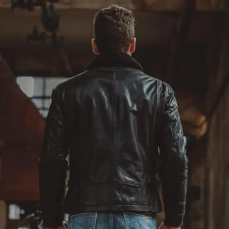 Men's Black Leather Jacket with Fur Collar