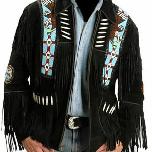 Men's Black Suede Western Cowboy Leather Jacket with Fringe