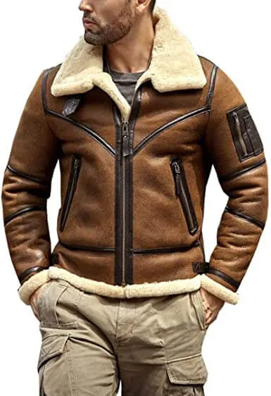 Men's Brown B3 RAF Flight Bomber Aviator Real Sheepskin Leather Shearling Jacket