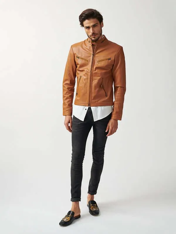 Mens Tokyo Motorbike Tan Leather Jacket