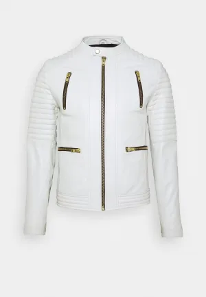 Men's White Leather Biker Jacket