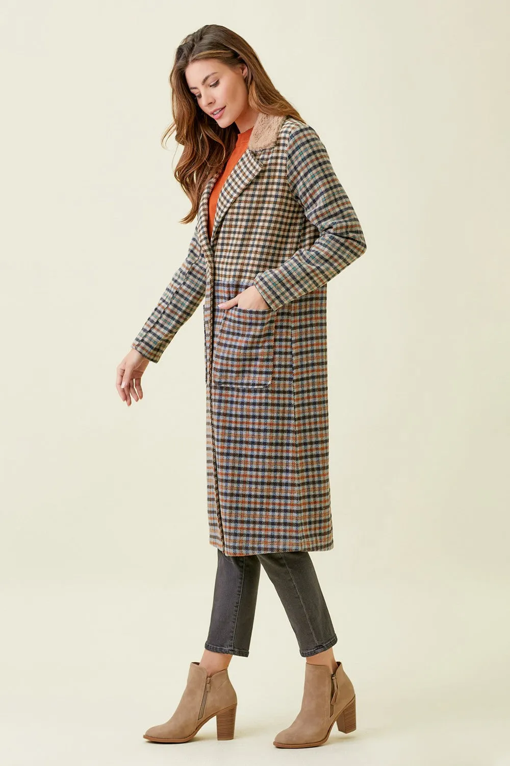 Mixed Plaid Color Block Long Coat