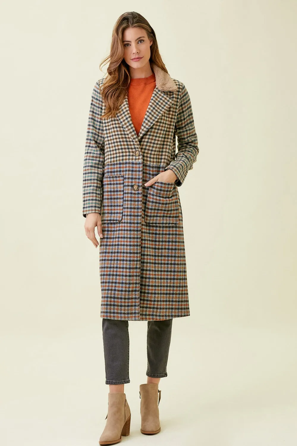 Mixed Plaid Color Block Long Coat