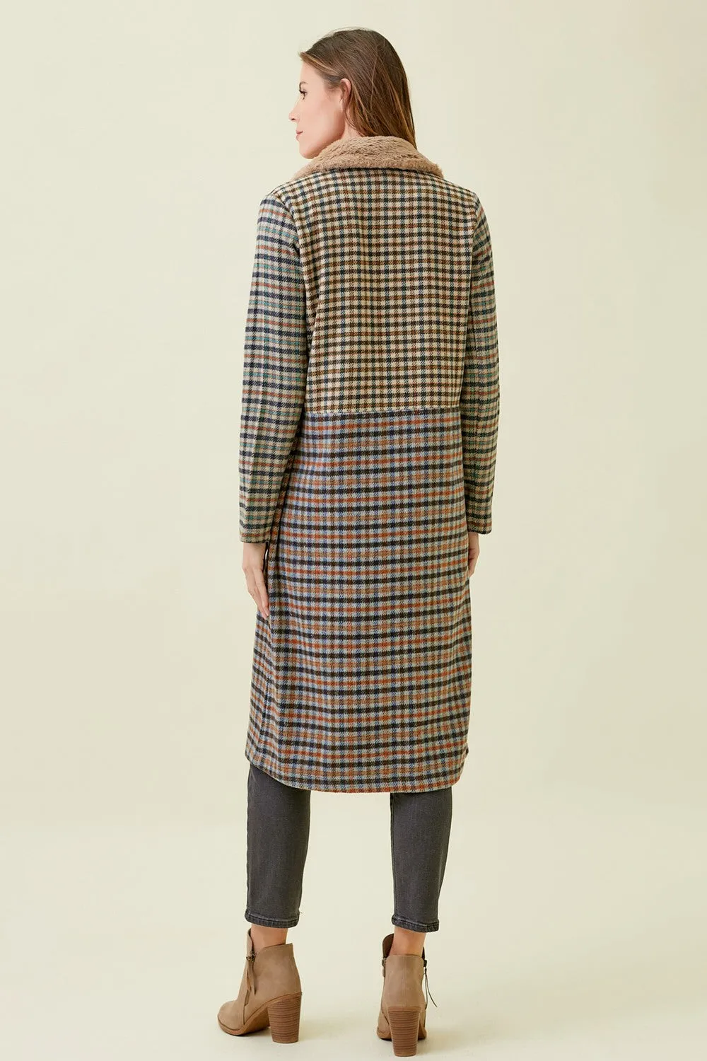 Mixed Plaid Color Block Long Coat