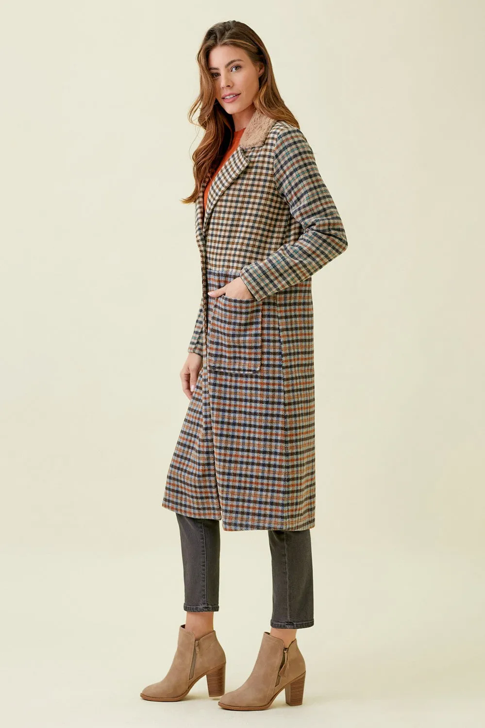 Mixed Plaid Color Block Long Coat