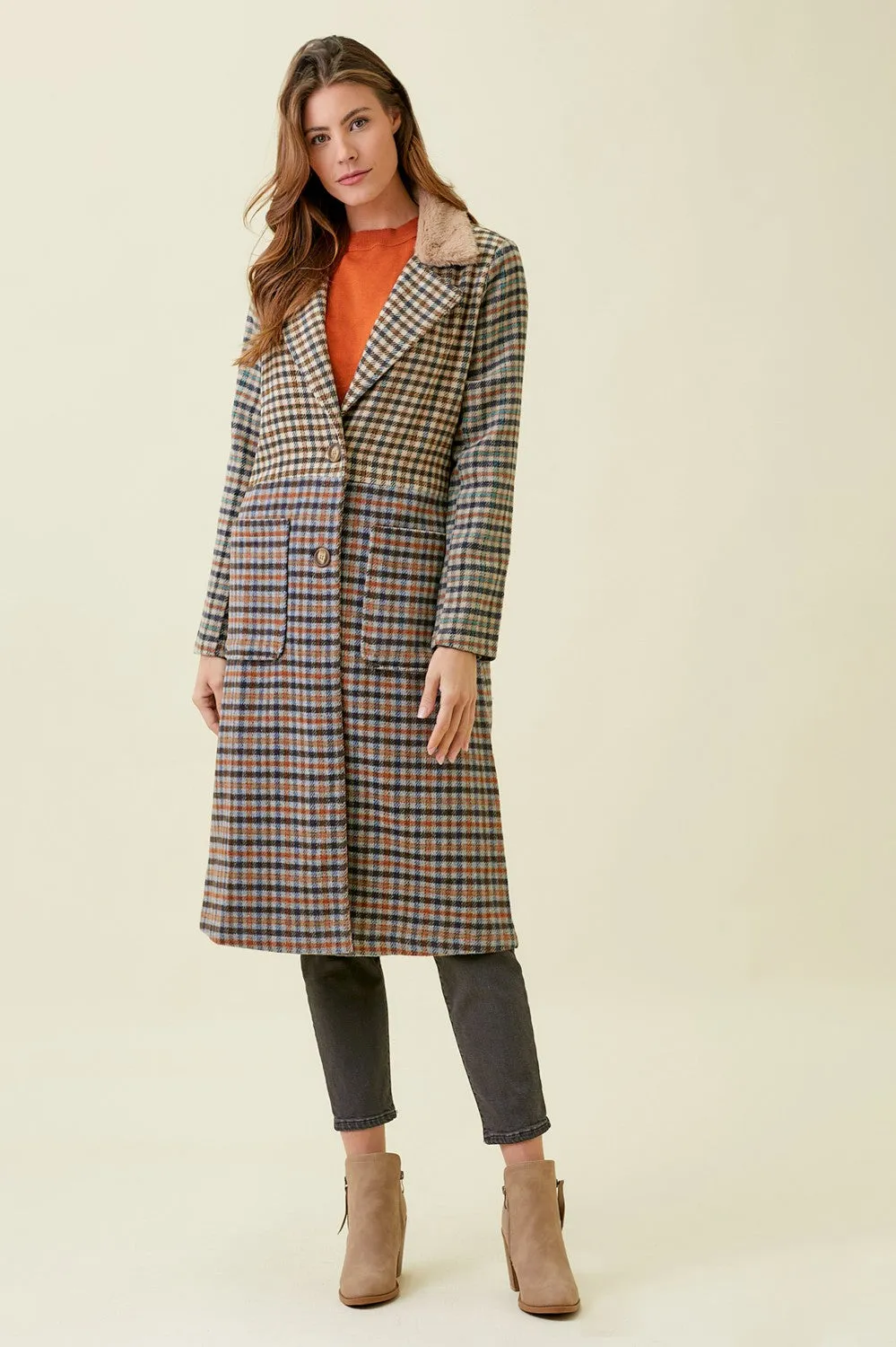 Mixed Plaid Color Block Long Coat