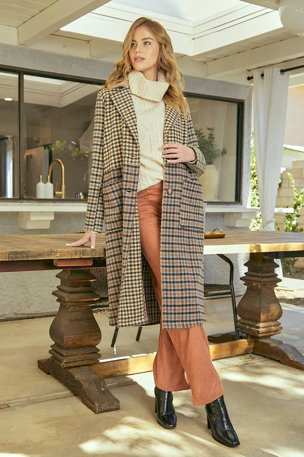 Mixed Plaid Color Block Long Coat