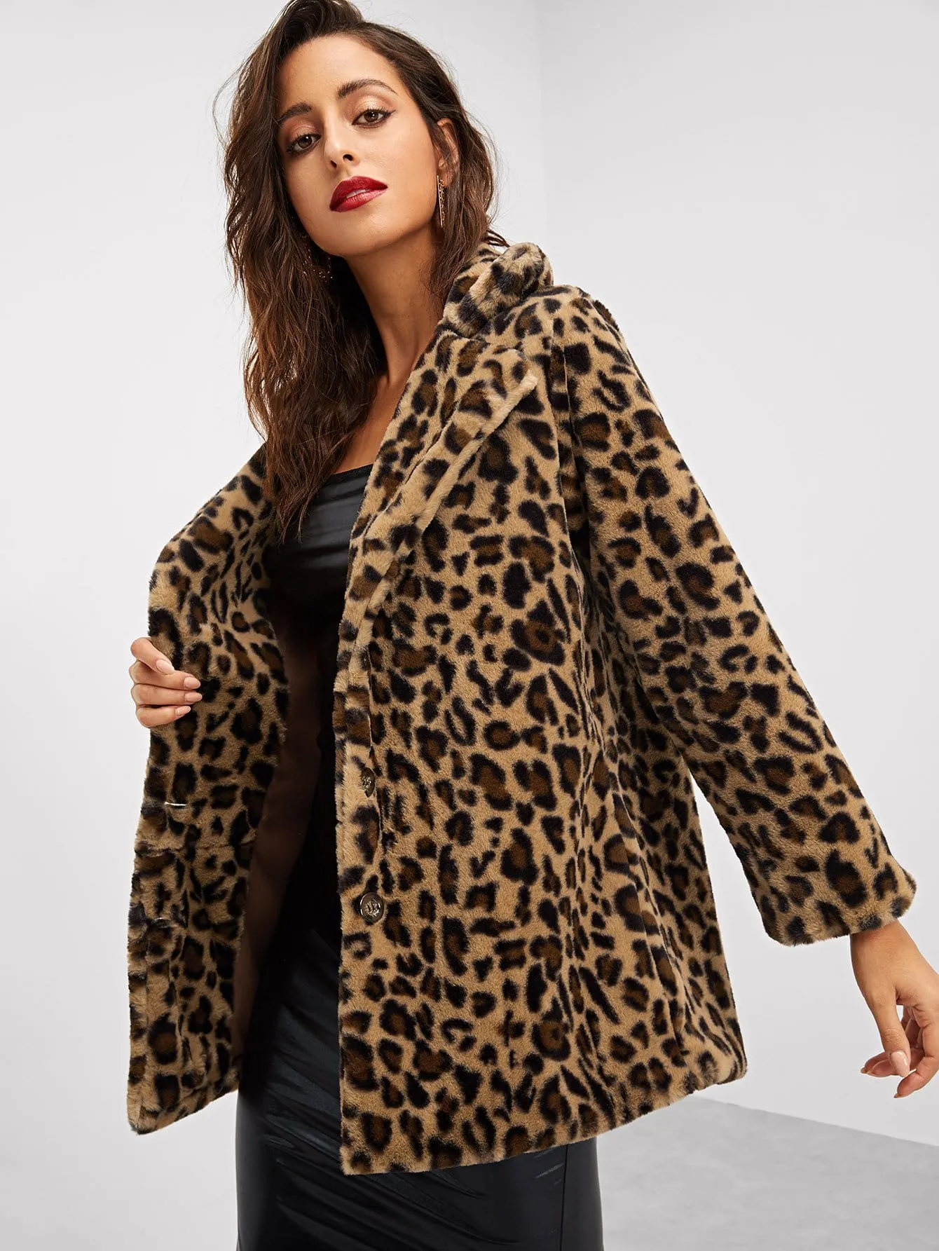 Notch Collar Leopard Print Teddy Coat