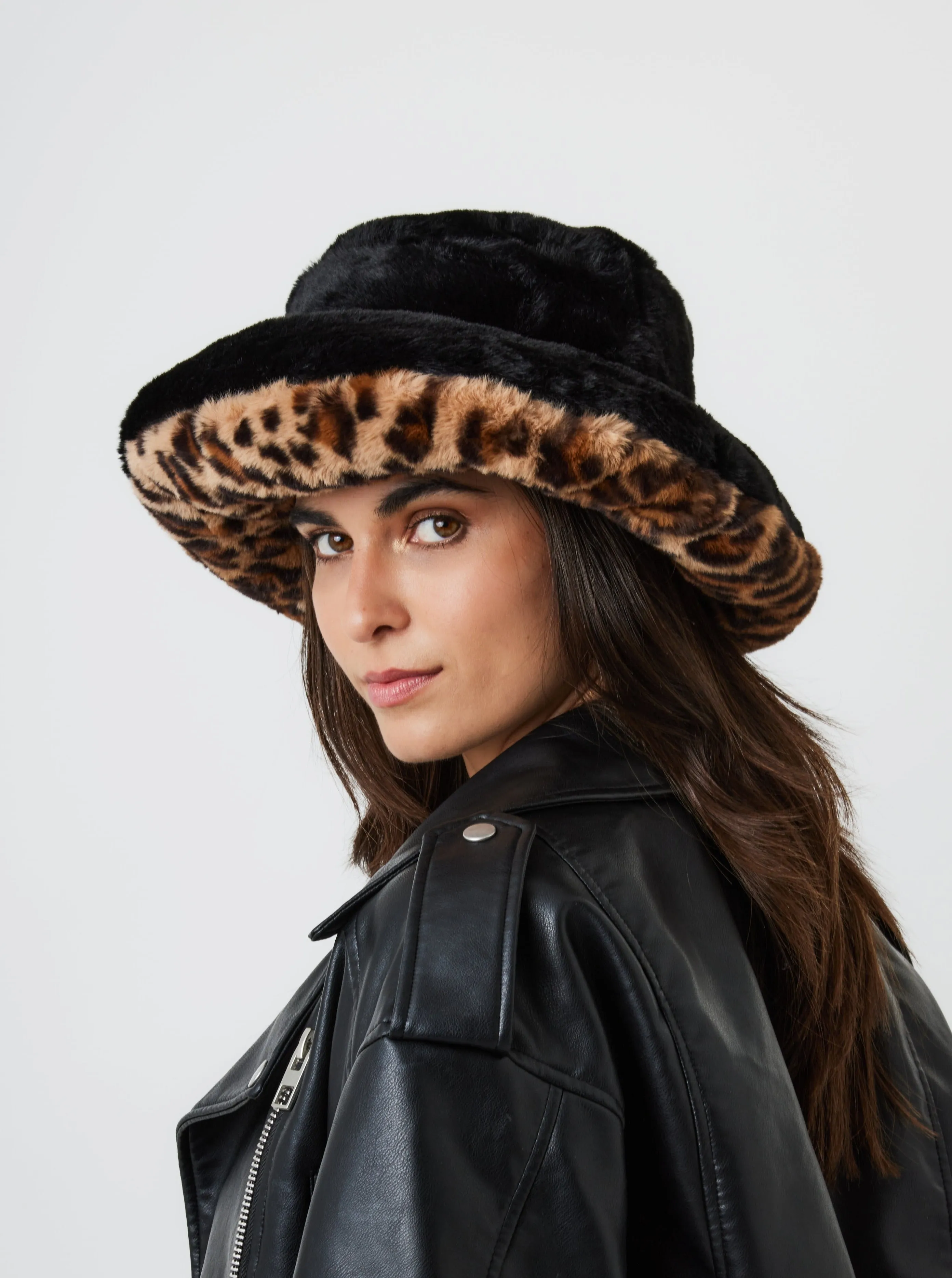 Oversized Fur Plush Bucket Hat in Black and Leopard