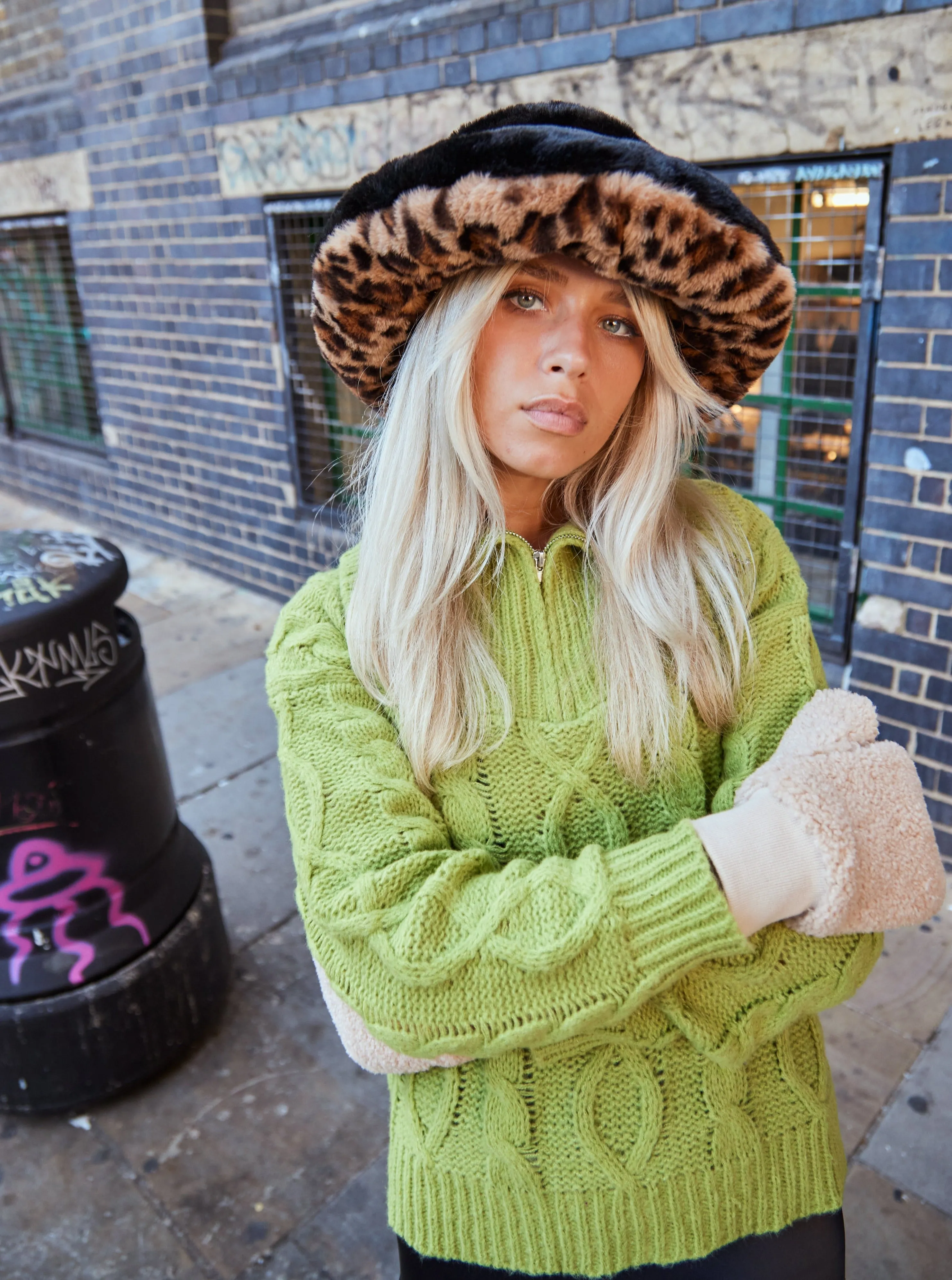 Oversized Fur Plush Bucket Hat in Black and Leopard