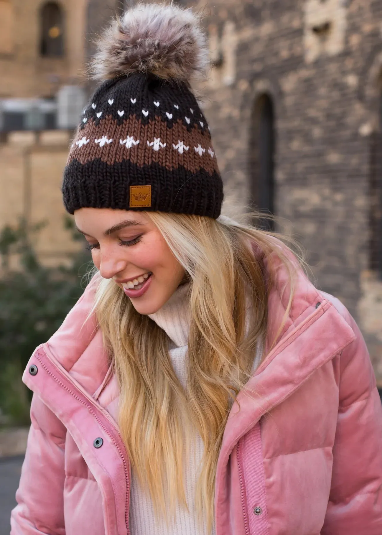 Patterned Knit Hat with Faux Fur Pom