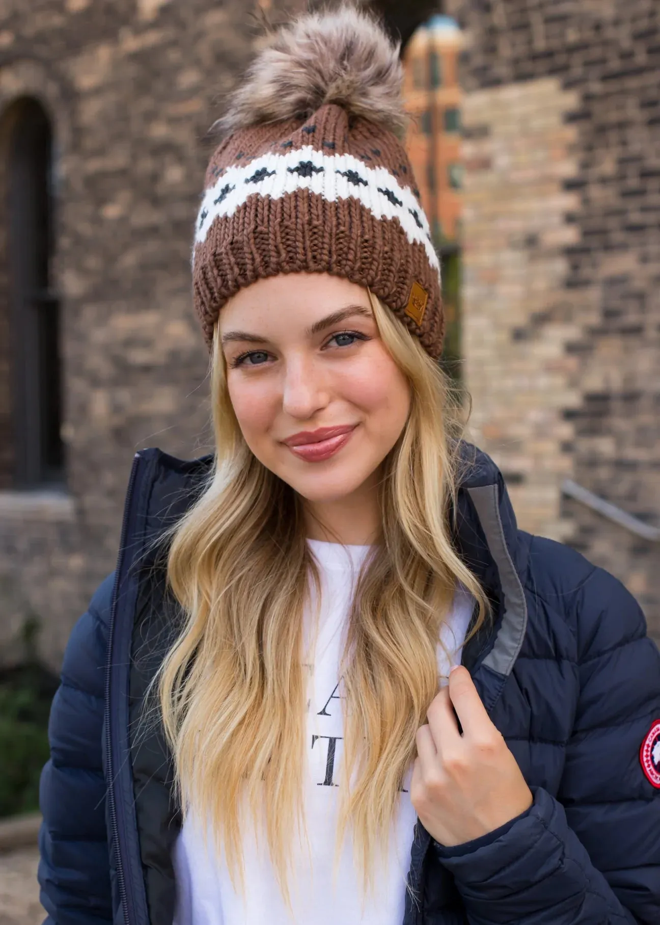 Patterned Knit Hat with Faux Fur Pom