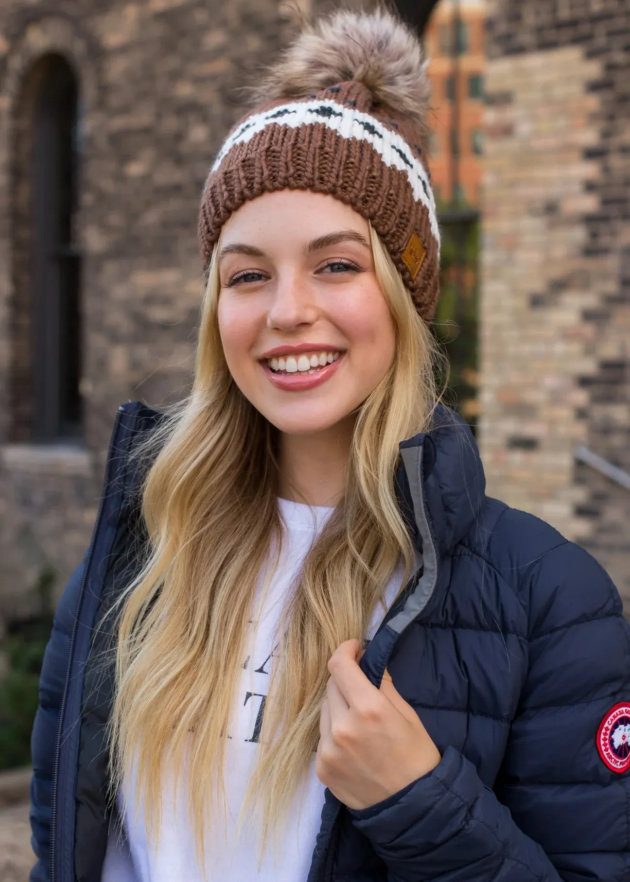 Patterned Knit Hat with Faux Fur Pom