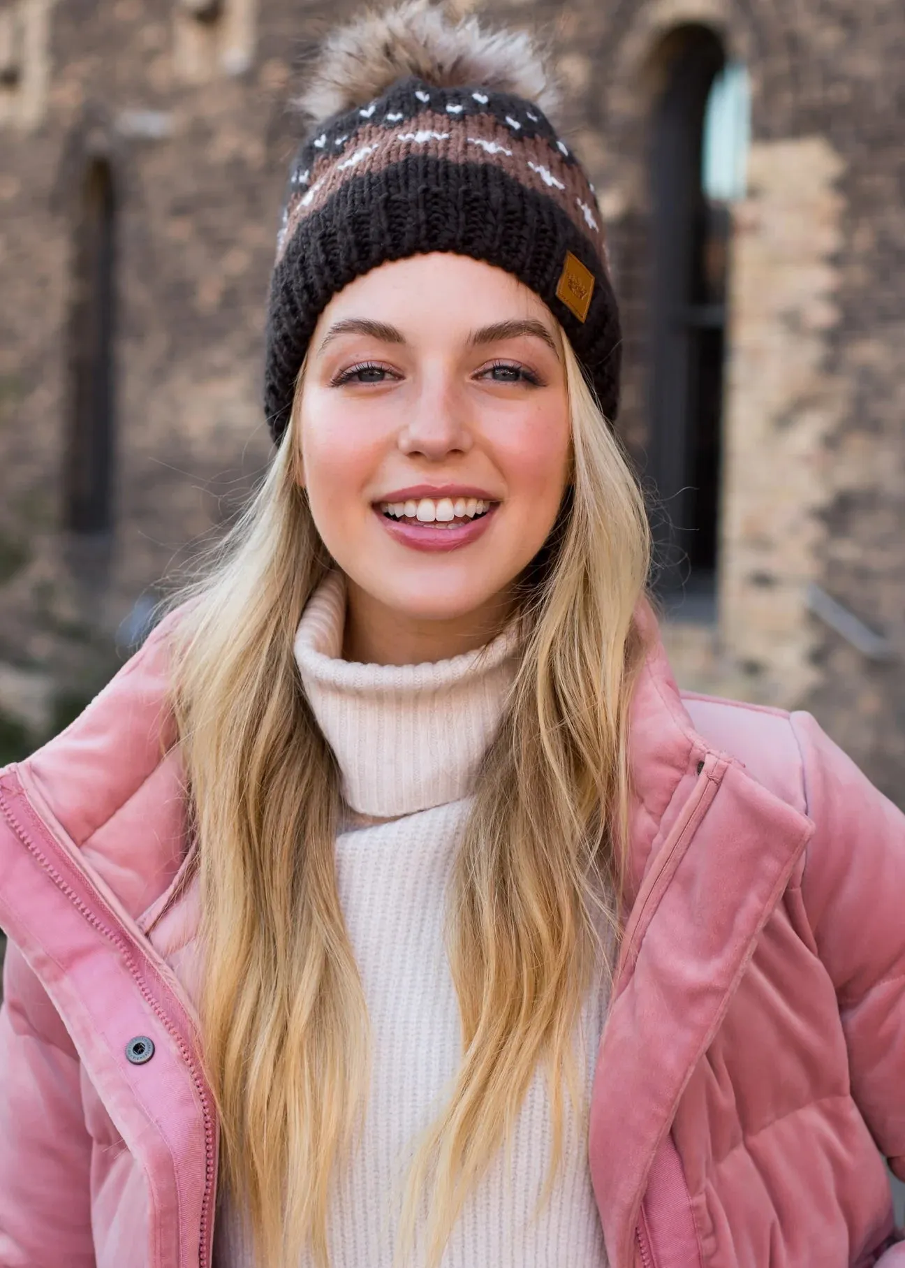 Patterned Knit Hat with Faux Fur Pom