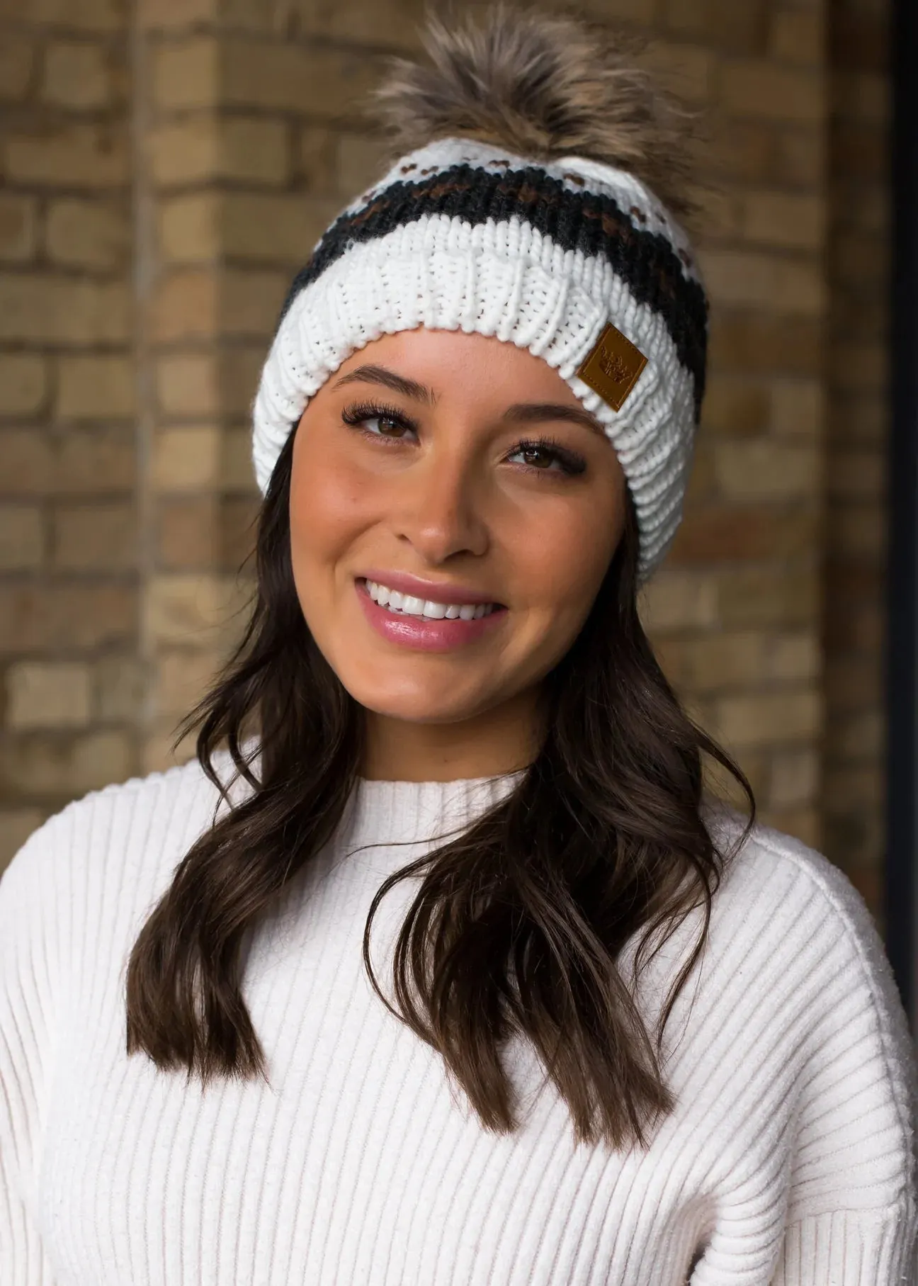 Patterned Knit Hat with Faux Fur Pom