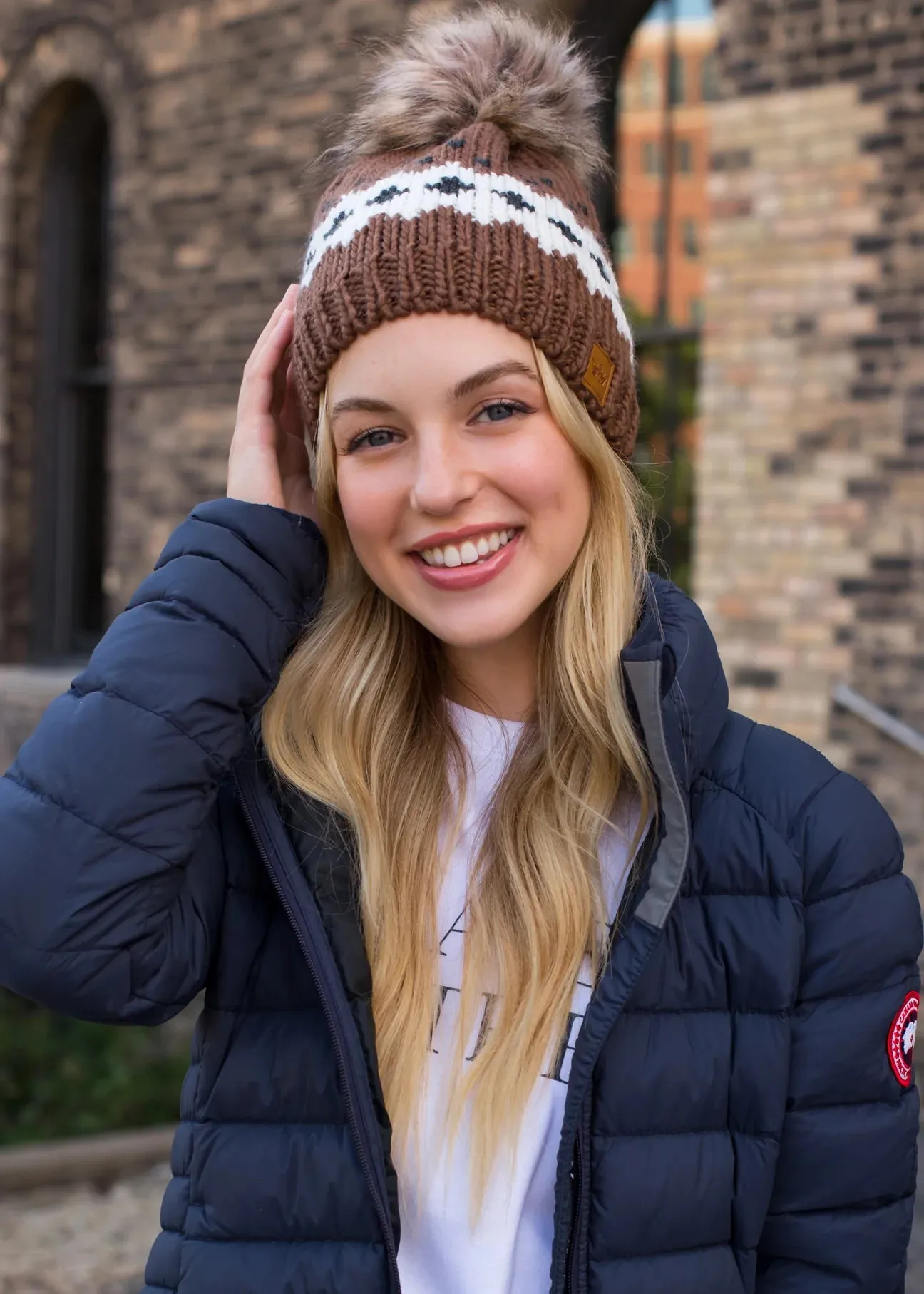 Patterned Knit Hat with Faux Fur Pom