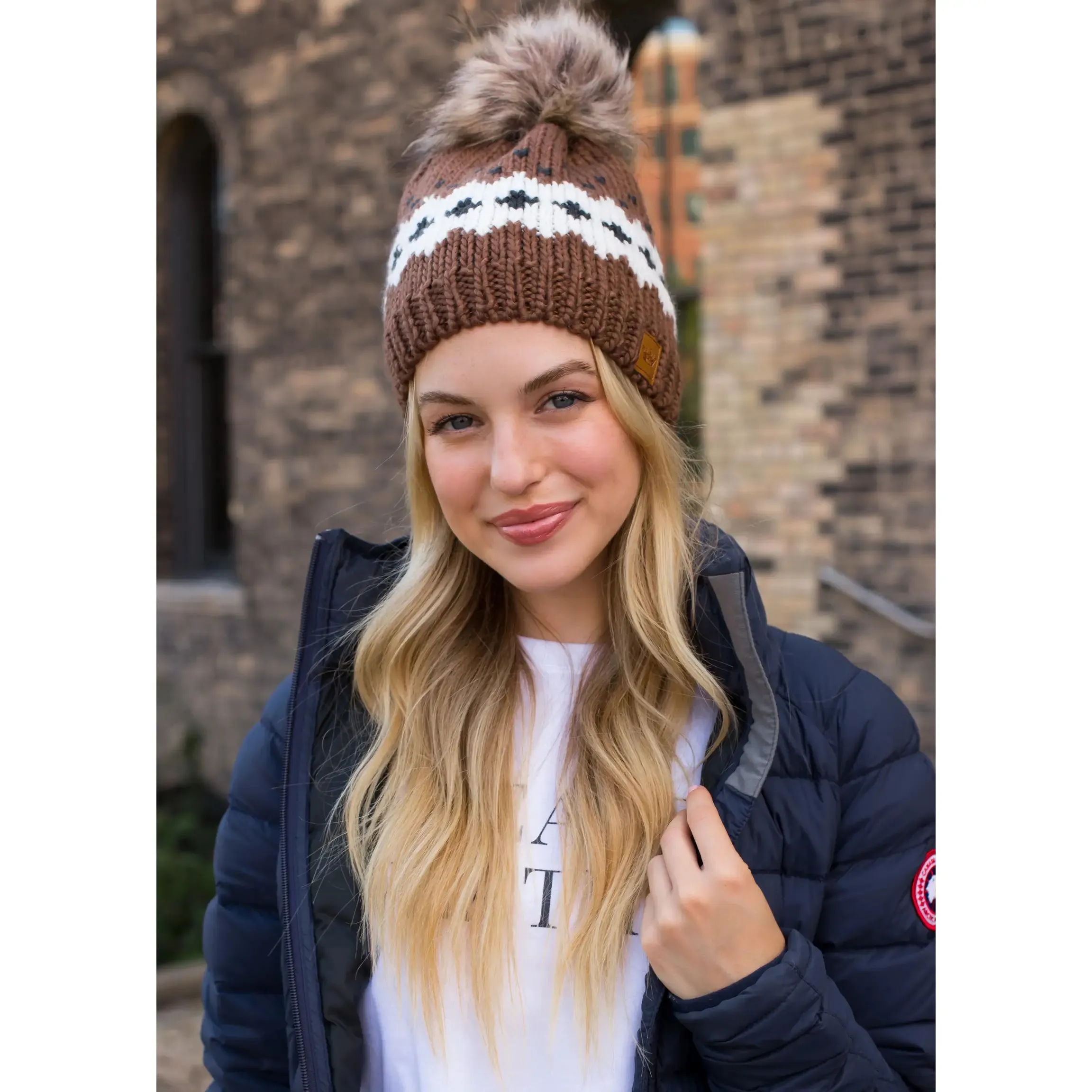 Patterned Knit Hat with Faux Fur Pom