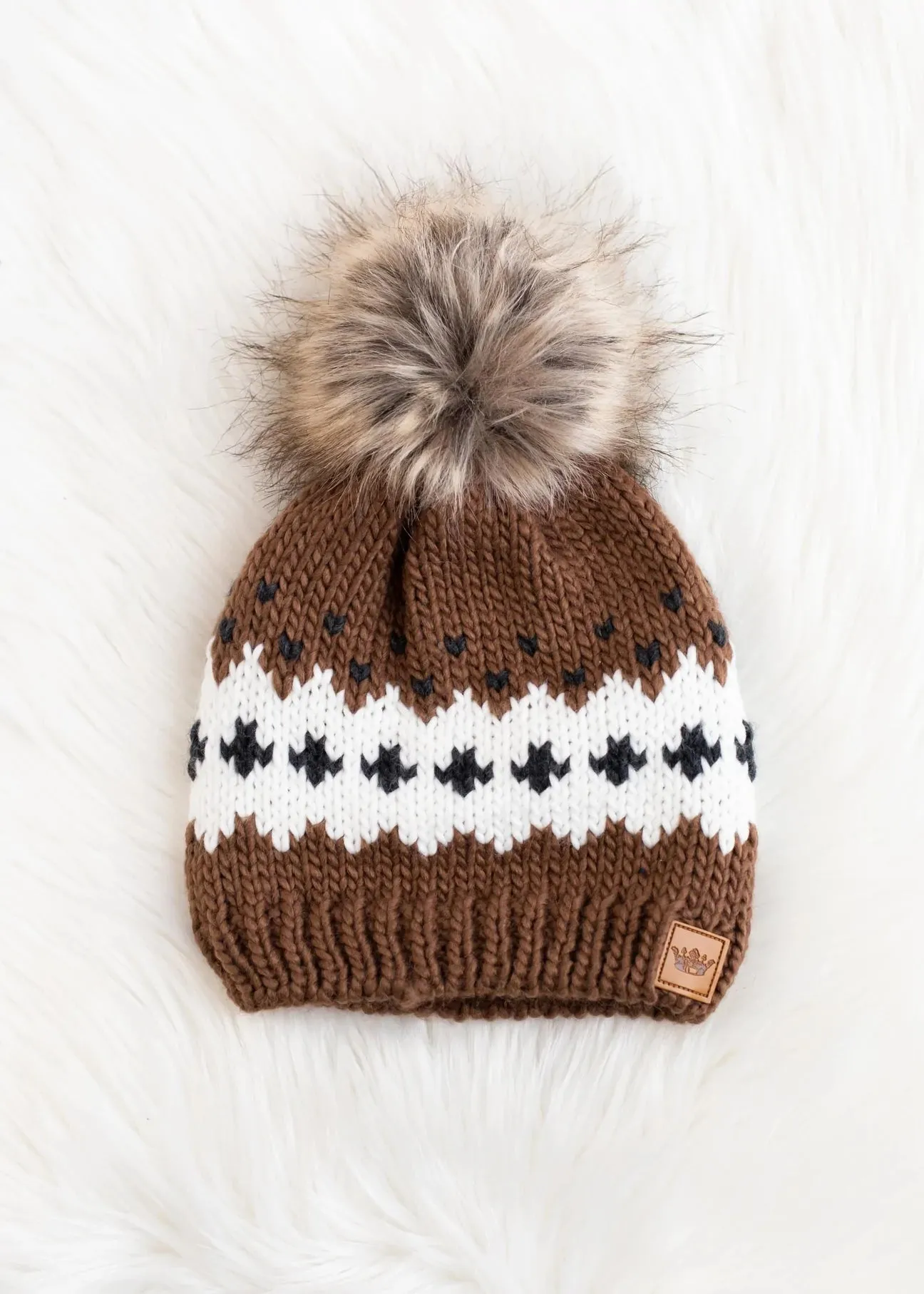 Patterned Knit Hat with Faux Fur Pom