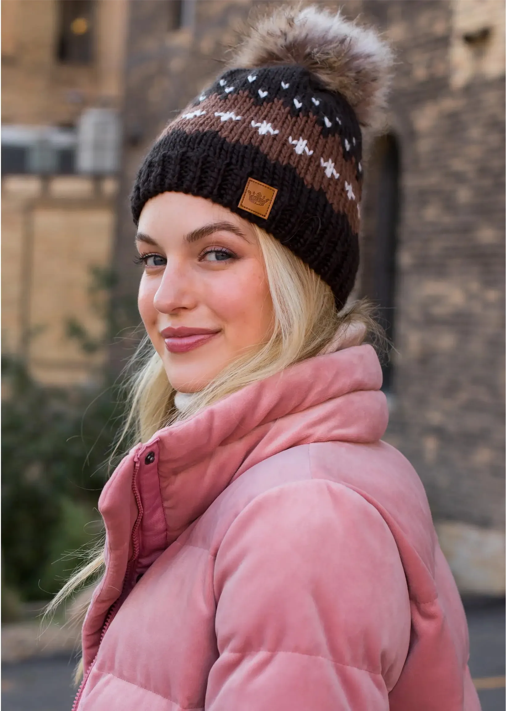 Patterned Knit Hat with Faux Fur Pom