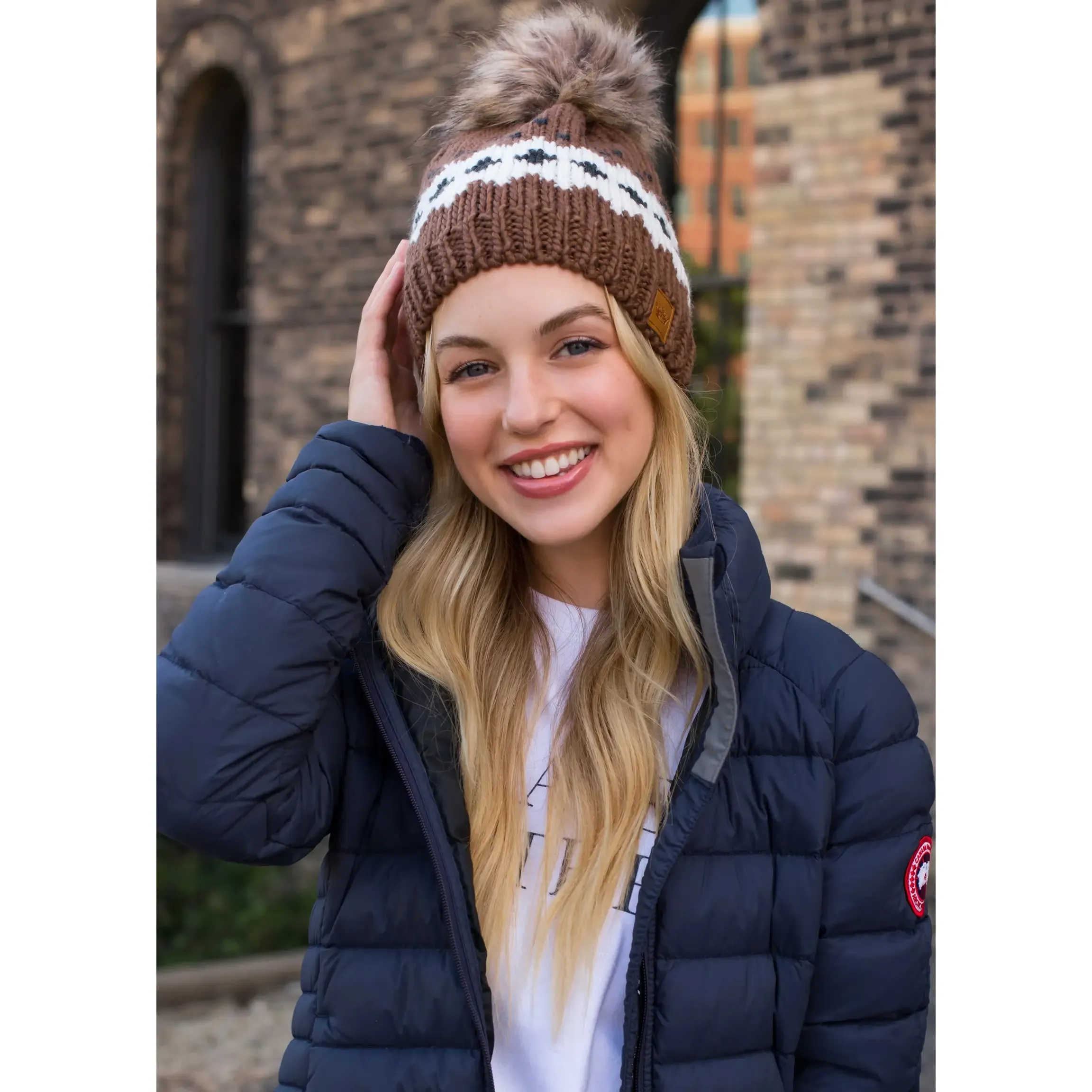 Patterned Knit Hat with Faux Fur Pom