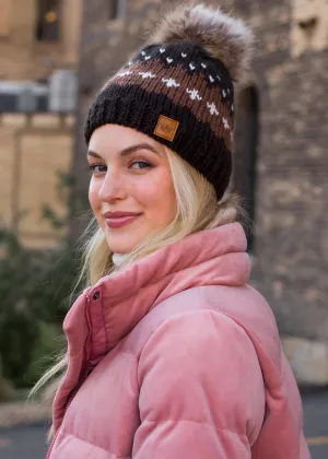 Patterned Knit Hat with Faux Fur Pom