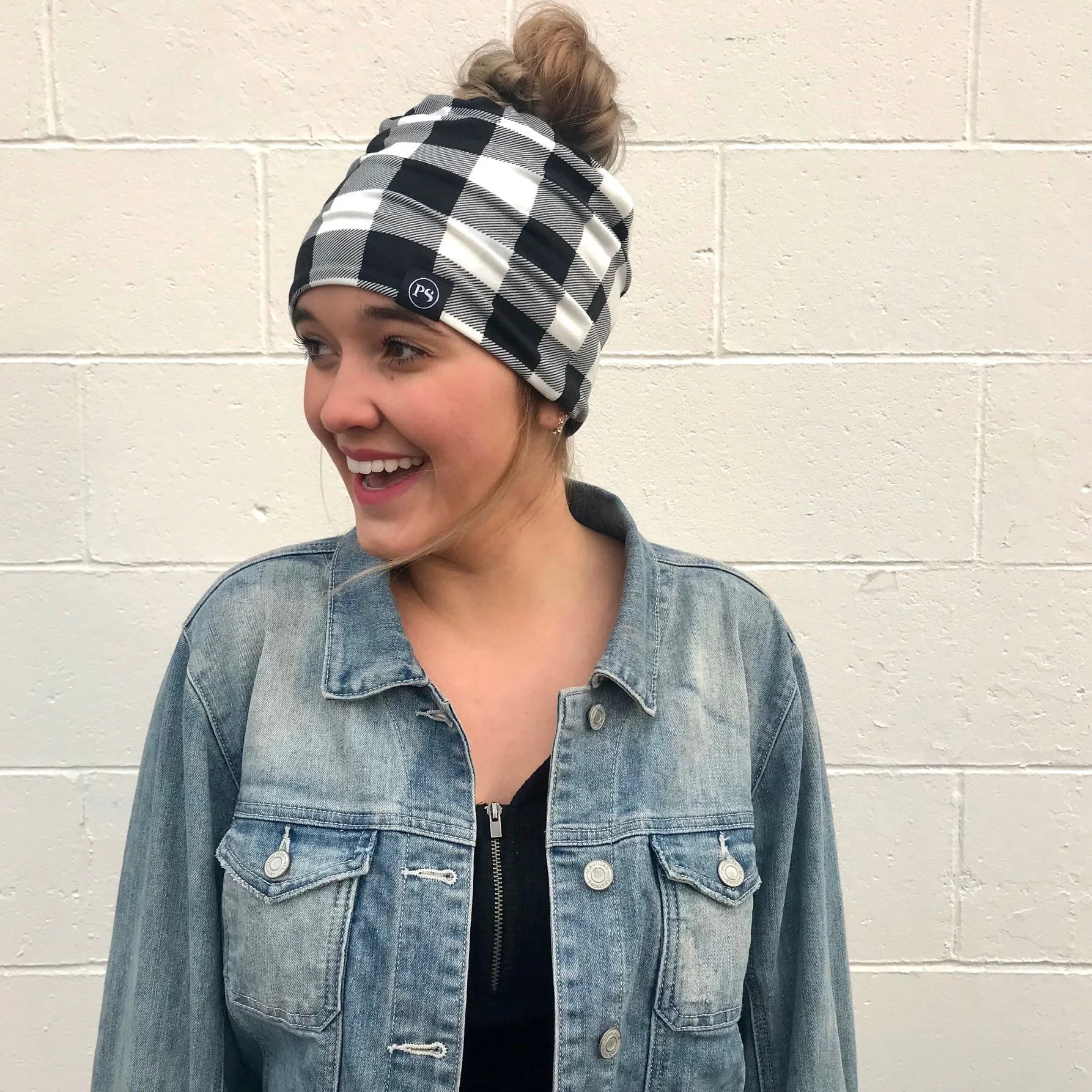 Peek A Boo Beanie Buffalo Plaid White