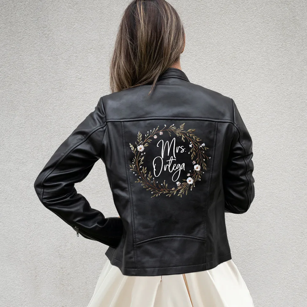 (Real Leather) Embroidered Mrs Leather Jacket for Brides