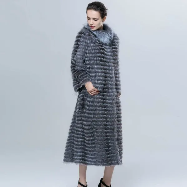 Real silver fox fur long duster coat