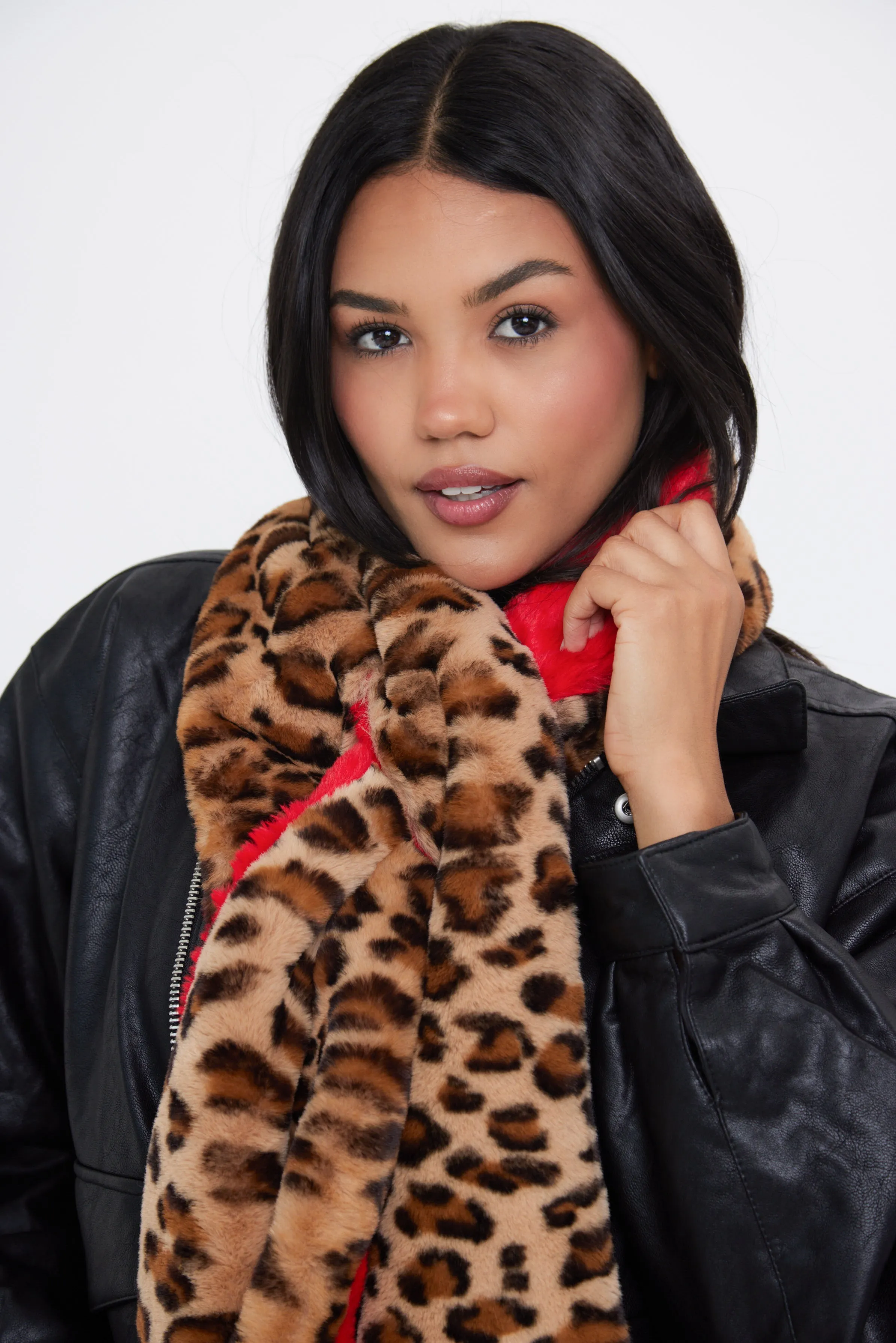 Reversible Fur Leopard and Red Scarf