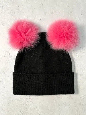 Rib Knit Double Fur Pom Pom Beanie Hat, Black/Pink