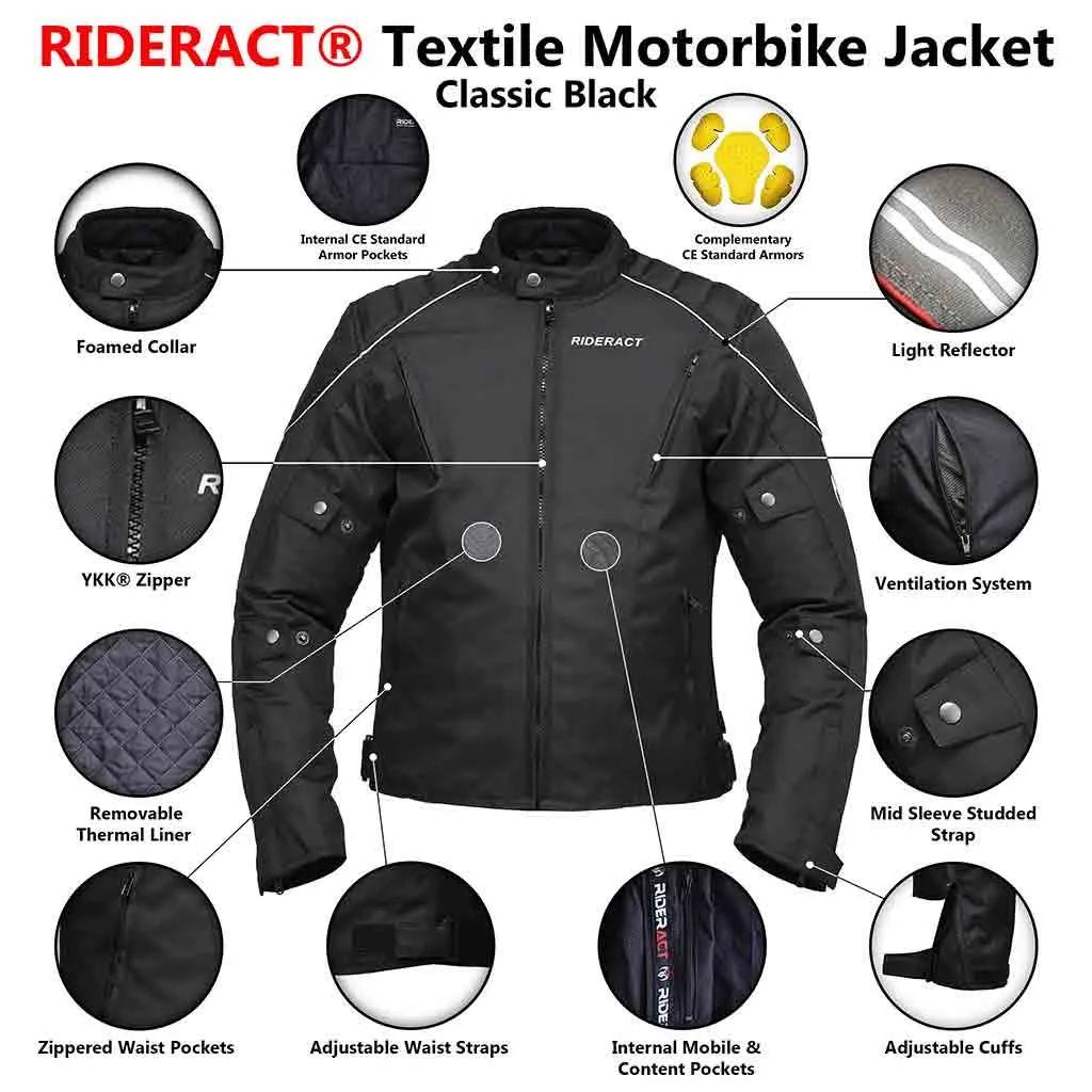 RIDERACT® Textile Waterproof Motorbike Jacket Classic Black Motorcycle Jacket