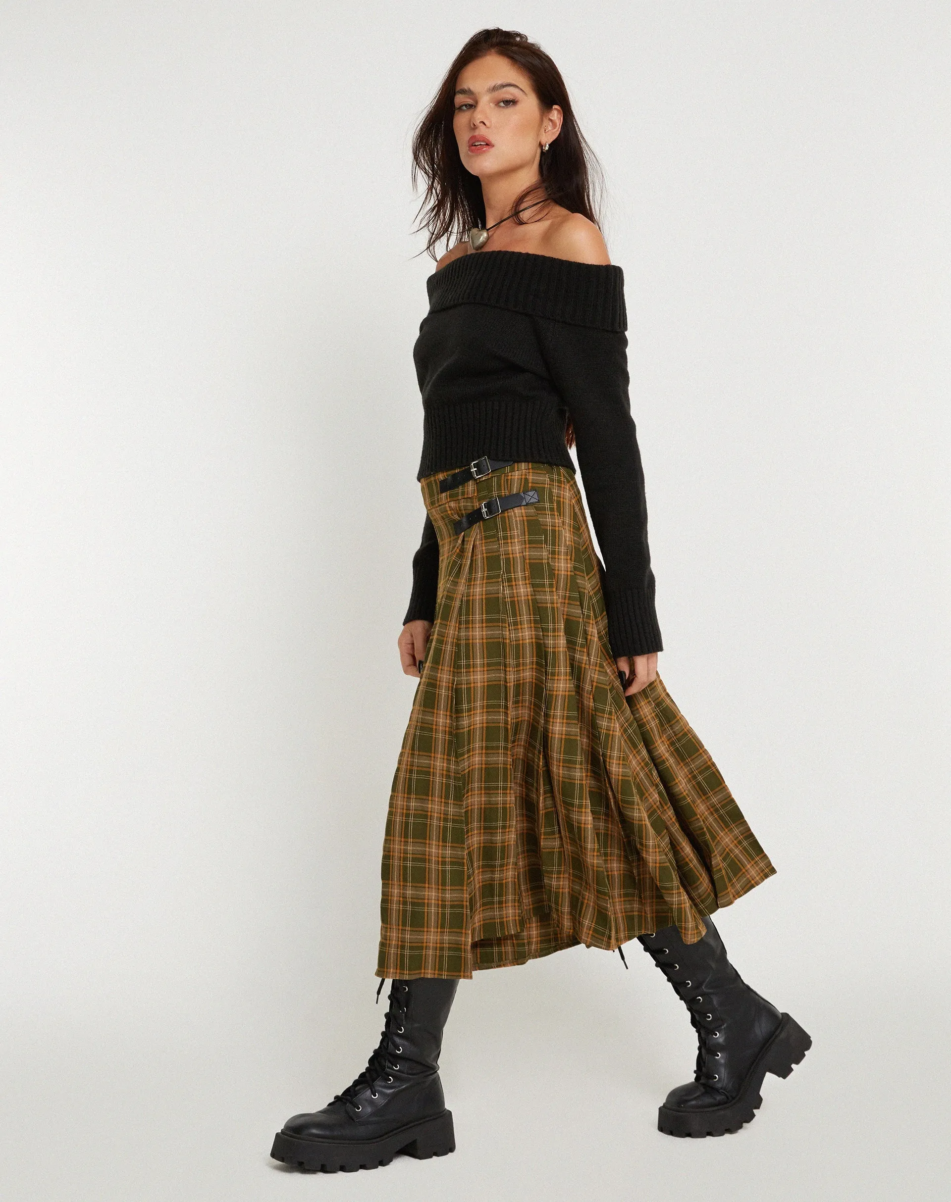 Rigifa Midi Skirt in Tartans Green Brown