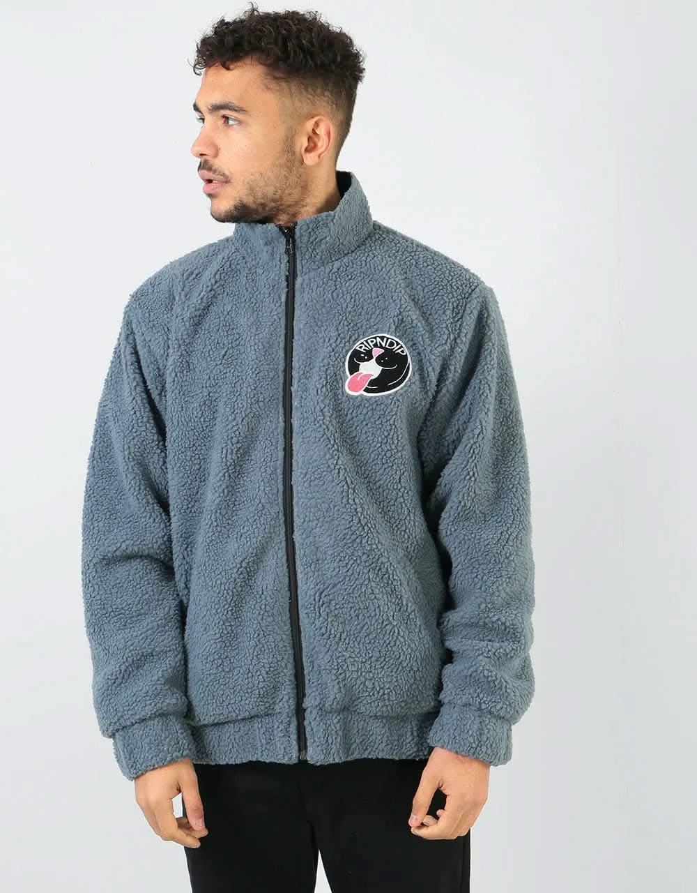 RIPNDIP Pill Reversible Sherpa Varsity Jacket - Solid Grey/Blue Dye