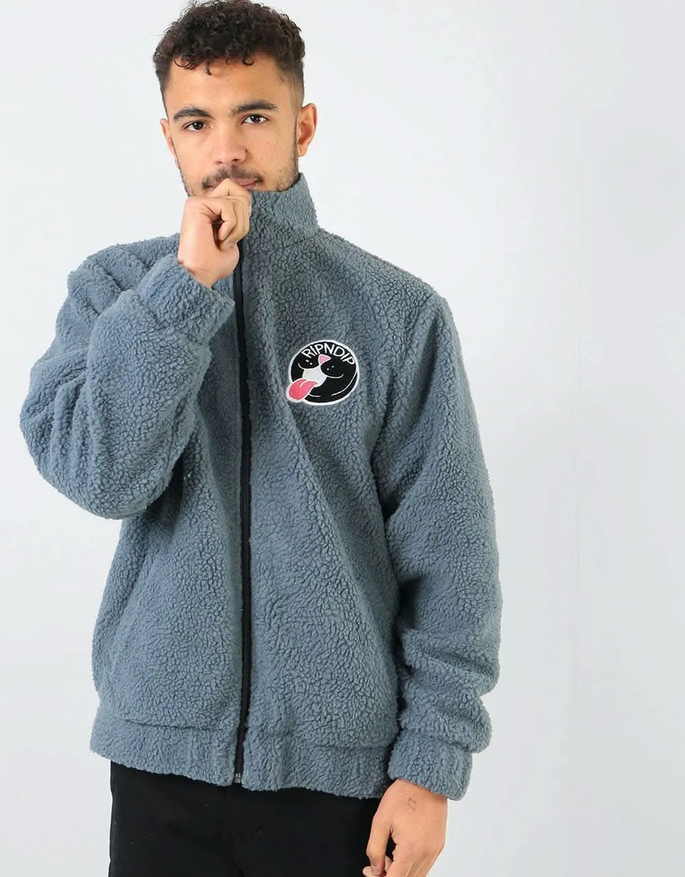 RIPNDIP Pill Reversible Sherpa Varsity Jacket - Solid Grey/Blue Dye