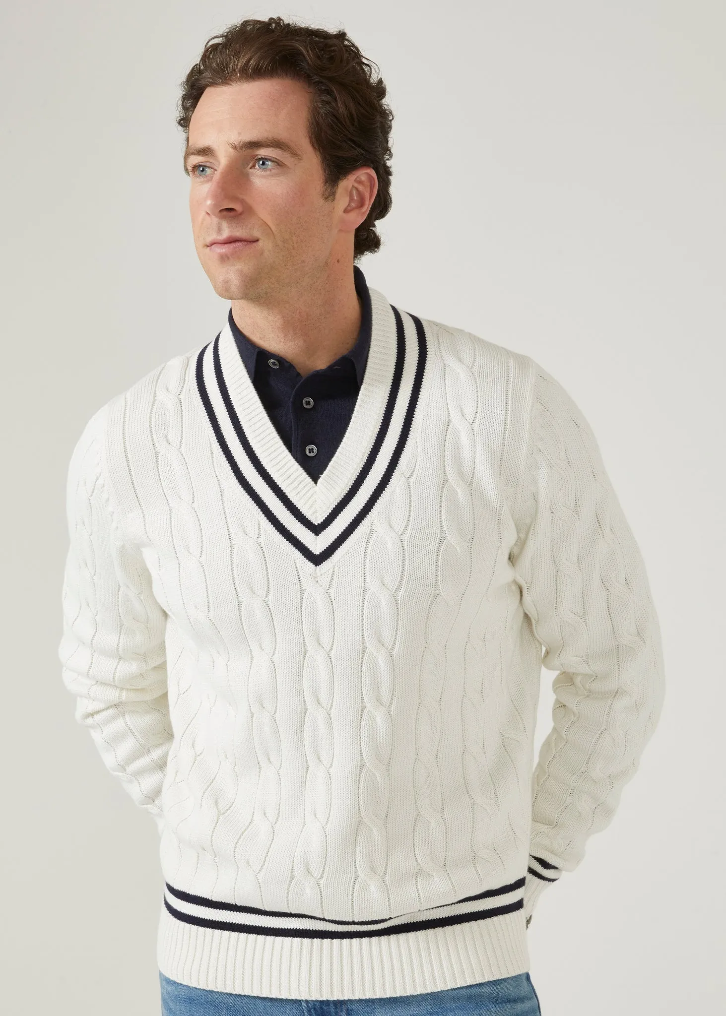 Sandridge Cable Knit Cricket Jumper In Ecru & Dark Navy