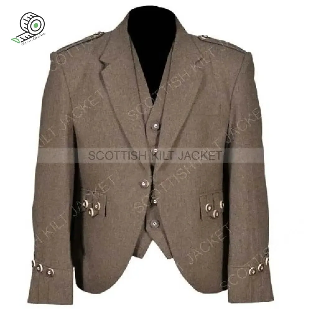 Scottish Tweed Brown Argyle Kilt Jacket With 5 Button Vest