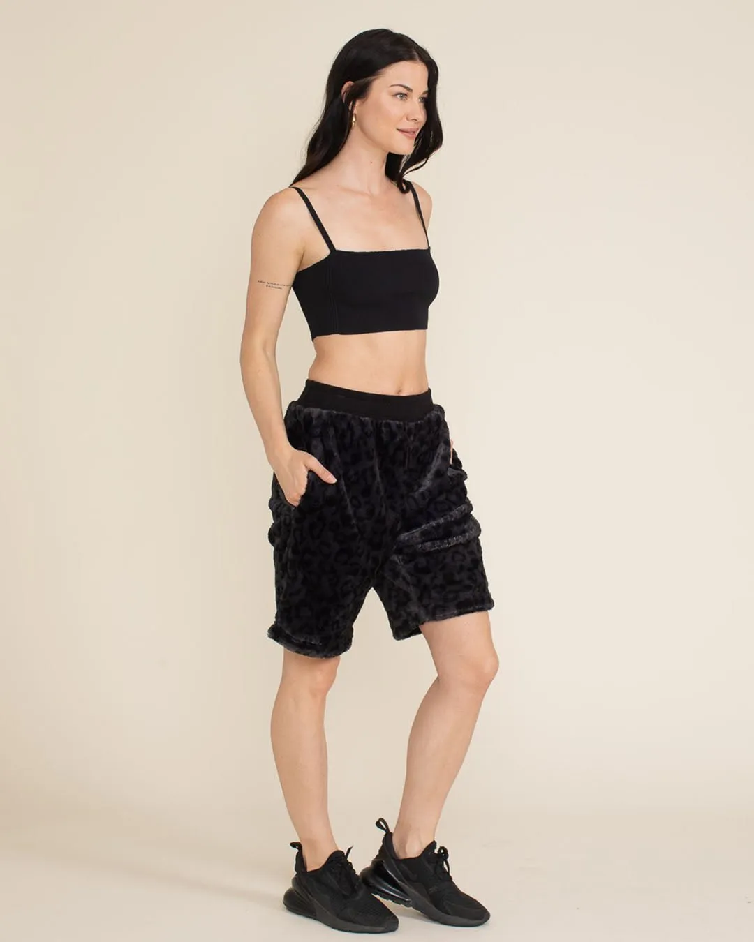 Slate Leopard Ultra Soft Faux Fur Sweat Shorts | Women's