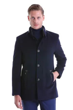 Slim Fit Nikko Stand Collar Coat Wool Blend Dark Gray Coat, Navy