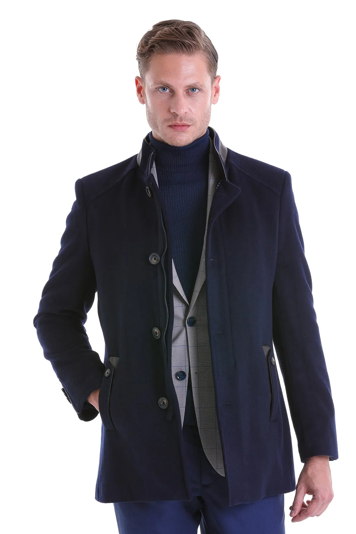 Slim Fit Nikko Stand Collar Coat Wool Blend Dark Gray Coat, Navy