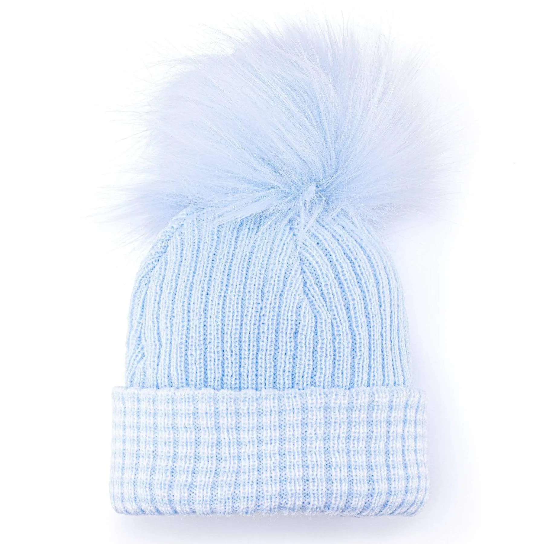 Soft Blue Cross Cable Knit Hat with Large PomPom