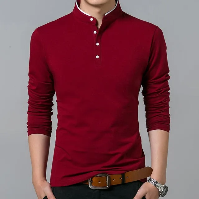 Solid Mandarin Collar Style Polo Shirt